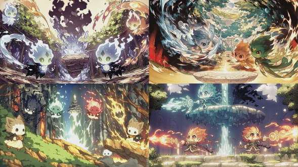 中景镜头，几位元素精灵专注凝视，释放柔和强大的共鸣能量光束，汇聚成纯净治愈光柱冲击悬浮古老石板，黑暗荆棘状静默能量如烟雾般消散，石板散发温润脉动光芒，背景为圣殿内部神圣光晕，奇幻唯美风格，动态光影，高细节，柔和治愈系光色与黑暗诅咒对比，氛围专注庄严充满希望，广角镜头，侧光，高对比度，圣殿环境，光柱特效，神圣光晕，元素精灵，古老石板，治愈能量，烟雾消散，温润脉动光芒，专注神情，柔和高亮色彩，庄严希望氛围。