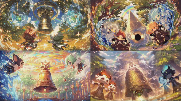 广角全景宏伟谐律圣殿中央巨大的谐律铜钟鸣响温暖恢弘金色光芒彩虹般可见共鸣谐波荡漾开来圣殿守护者与各元素精灵仰头望钟欣慰喜悦自豪笑容张开手臂相互拥抱身边跃动欢快元素微粒火花水珠光尘神圣温暖充满希望光辉史诗奇幻唯美电影感动态光影辉煌金色彩虹色柔和元素色交织胜利和谐无上喜悦神圣氛围广角镜头全景摄影高动态范围侧逆光暖色调慢速快门捕捉光波动态仰视视角细节丰富电影级画质