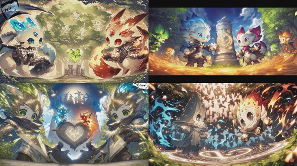 中景镜头，聚焦于圣殿守护者与元素精灵，站在符文闪耀的共鸣之心石板旁，相视而笑，充满信任与成就感，温暖光晕笼罩，背景是庆祝的精灵虚影，奇幻唯美风格，电影感光照，温暖金色、象牙白与精灵代表色，情感细腻，荣耀满足，特写镜头，浅景深，柔光，角色聚焦，情感共鸣。