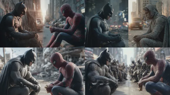 图片是左右构图，中线类似于墙，左边是蝙蝠侠瘫坐在地上靠着墙（中线），蝙蝠侠非常疲惫，他的左臂受伤很严重 了，非常疼痛，蝙蝠侠用右手护着左臂，非常痛苦，背景类似一个废弃工厂内部，世界是黑夜。 图片右边是蜘蛛侠坐在一个三层楼高的类似美式楼外侧楼梯上，背部靠着图片中线（所以左边的蝙蝠侠和右边的蜘蛛侠在图片里就好像背靠背），蜘蛛侠摘下了下半脸的面罩，在匆忙地吃着三明治，战衣上全身都是灰尘，背景是清晨，已有阳光，可以看到街道上全是上班的车辆 蝙蝠侠和蜘蛛侠都在图片中间位置，占据主体，背靠背，但都显现出疲惫。