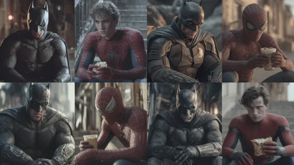 电影级分屏构图，左半边是蝙蝠侠在废弃工厂的黑夜中受伤瘫坐，痛苦护臂；右半边是蜘蛛侠在清晨楼外楼梯上匆忙吃三明治，两人背靠同一堵墙，疲惫对比。细节丰富，光影对比强烈，情绪饱满。