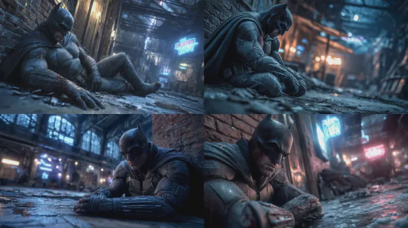 极致细节，大师之作，电影感，暗黑写实风格，哥谭市废弃工厂内部，深夜，蝙蝠侠，布鲁斯·韦恩，瘫坐在地上背靠着一堵破损的砖墙，极度疲惫，意志消沉，他的左臂遭受了严重的开放性伤害，浸透了手套和战衣的袖子，他正用右手紧紧地护着受伤的左臂，表情因剧痛而扭曲，咬紧牙关，汗水和雨水混合在脸上，环境潮湿阴冷，地面散落着碎玻璃、瓦砾和油污，远处有微弱的月光和哥谭市霓虹灯光从破碎的窗户斜射进来，形成强烈的明暗对比，蓝色与黑色为主色调，整体氛围绝望、坚韧、孤独，全身照，低角度拍摄，景深效果，8k画质，虚幻引擎渲染。