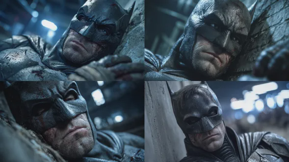 暗黑写实风格，电影感镜头，哥谭市废弃化工厂内部，深夜，蝙蝠侠（布鲁斯·韦恩）半坐半躺，精疲力尽地完全瘫靠在一堵开裂的混凝土墙上，他的头无力地后仰倚着墙壁，双眼因过度疲惫而近乎闭合，眉头因伤痛和劳累而微蹙，嘴唇紧抿，脸上是混合了汗水、污渍与彻底耗尽所有力气后的麻木与坚忍，他的左臂有一道严重的开放性伤口，浸染了战衣，他的右手以保护的姿态紧紧按在左臂伤处，动作显示出伤痛，但表情更多的是超越痛苦的、深入骨髓的疲惫，战衣布满破损与尘土，环境潮湿阴冷，仅有冰冷的月光从高处破碎的窗户斜射而入，在他身上形成强烈的明暗对比，蓝黑色主色调，氛围孤寂、绝望而坚韧，全身照，低角度，细节丰富，8k画质，虚幻引擎渲染。