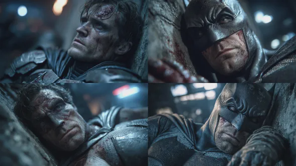 暗黑写实风格，电影感中远景镜头，哥谭市废弃化工厂内部，深夜，蝙蝠侠（布鲁斯·韦恩）半坐半躺，精疲力尽地完全瘫靠在一堵开裂的混凝土墙上，他的头无力地后仰倚着墙壁，双眼因过度疲惫而近乎闭合，眉头因伤痛和劳累而微蹙，嘴唇紧抿，脸上是混合了汗水、污渍与彻底耗尽所有力气后的麻木与坚忍，他的左臂有一道严重的开放性伤口，浸染了战衣，他的右手以保护的姿态紧紧按在左臂伤处，动作显示出伤痛，但表情更多的是超越痛苦的、深入骨髓的疲惫，战衣布满破损与尘土，环境潮湿阴冷，仅有冰冷的月光从高处破碎的窗户斜射而入，在他身上形成强烈的明暗对比，蓝黑色主色调，氛围孤寂、绝望而坚韧，全身照，细节丰富，8k画质，虚幻引擎渲染。