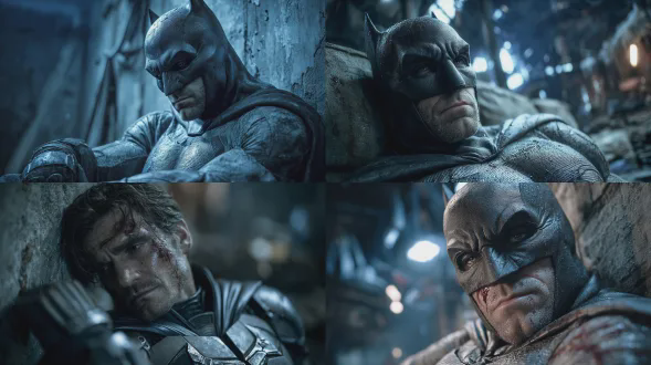 暗黑写实风格，电影感远景镜头，哥谭市废弃化工厂内部，深夜，蝙蝠侠（布鲁斯·韦恩）半坐半躺，精疲力尽地完全瘫靠在一堵开裂的混凝土墙上，他的头无力地后仰倚着墙壁，双眼因过度疲惫而近乎闭合，眉头因伤痛和劳累而微蹙，嘴唇紧抿，脸上是混合了汗水、污渍与彻底耗尽所有力气后的麻木与坚忍，他的左臂有一道严重的开放性伤口，浸染了战衣，他的右手以保护的姿态紧紧按在左臂伤处，动作显示出伤痛，但表情更多的是超越痛苦的、深入骨髓的疲惫，战衣布满破损与尘土，环境潮湿阴冷，仅有冰冷的月光从高处破碎的窗户斜射而入，在他身上形成强烈的明暗对比，蓝黑色主色调，氛围孤寂、绝望而坚韧，细节丰富，8k画质，虚幻引擎渲染。