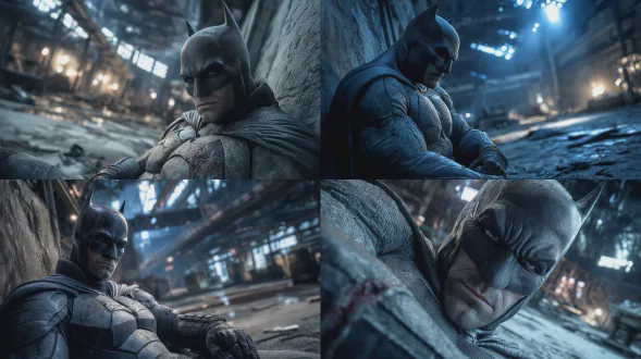 暗黑写实风格，电影感，哥谭废弃化工厂内部，深夜，中远景镜头，正侧面视角，蝙蝠侠（布鲁斯·韦恩）半坐半躺，精疲力尽地瘫靠在开裂的混凝土墙边，头部无力后仰倚墙，双眼因过度疲惫近乎微阖，眉头因隐忍伤痛而微蹙，右手以保护的姿态轻按左臂伤口上，姿态透出深沉的疲惫而非剧烈的痛苦，战衣破损沾满尘土，身形在空旷的工厂环境中显得孤独而渺小，冰冷的月光从远处高窗斜落，在他身上投下长长的阴影，地面散落着瓦砾和油污，蓝黑色主色调，氛围孤寂而坚韧，画面强调人物与空旷环境的对比，细节丰富，8k画质，虚幻引擎渲染。