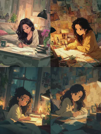 女生伏案写作，长发乌黑浓密，皮肤白皙素颜，恬淡美丽，暖光卧室，昏黄温馨，漫画渲染，超高清细节，浪漫氛围，侧光柔和，书桌摆设精致，细腻笔触，暖色调，安静专注，女性气息浓郁，唯美风格，4k画质，卡通动漫，夜晚场景，柔和阴影，情感深沉，室内环境，优雅气质