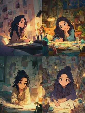 画一幅女生伏案写作，长发乌黑浓密，皮肤白皙素颜，恬淡美丽，暖光卧室，昏黄温馨，漫画渲染，超高清细节，浪漫氛围，侧光柔和，书桌摆设精致，细腻笔触，暖色调，安静专注，女性气息浓郁，唯美风格，4k画质，卡通动漫，夜晚场景，柔和阴影，情感深沉，室内环境，优雅气质。