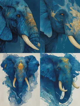 生成一幅肖像插画，一只蓝色小象，长长的鼻子在喷水，极致细节，极繁主义，高清细节，高清颗粒，