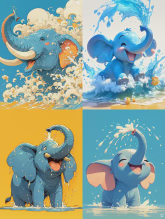 生成一幅卡通插画，一只蓝色小象，长长的鼻子在喷水，极致细节，极繁主义，高清细节，高清颗粒，