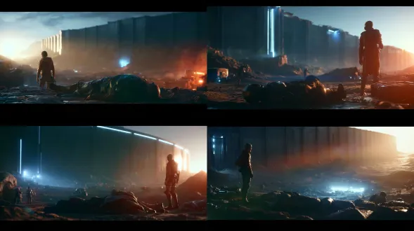 cinematic aerial panorama, attack on titan-style 100m colossal wall fortress, barren desert monster wasteland outside, no people, no text. clean hd smooth 3d photoreal, pbr materials, pure color block storytelling, clear silhouette, same depth and focal length, backlit rim light, volumetric tyndall rays, soft bokeh flare, prismatic dispersion only on light edges, transparent shadows with environmental color, soft tonal transitions, ue5 octane, ray traced gi, 8k film cg, shallow dof, film grain