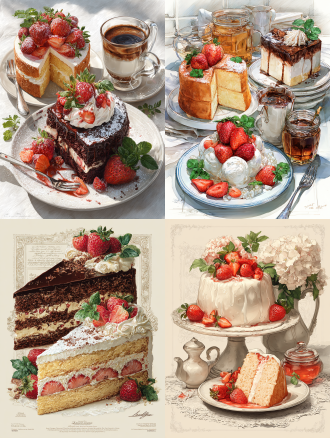 full page concept design of delicious chiffon cake and strawberry torte and chocolate, joseph karl stieler, art deco sensibilities, acrylic oil painting，артур скижали-вейс, caffenol developing,screen accessories,delicate markings, isolated on white background, highly detailed for label, poster, illustration by anton pick, sprite sheet，in the style of hyperrealistic illustrations,dollcore，intricate design, meticulous details, photorealistic, intense shading, clean sharp focus, 32k，uhd