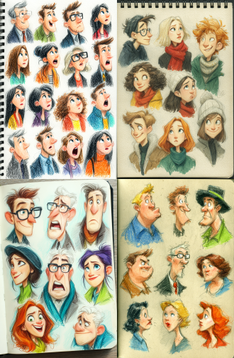 a sketchbook page with colored pencil drawings of cartoonish characters, each in profile view. the people have different hair and skin tones, some wearing glasses or accessories like hats or scarves. they all appear to be talking to someone off-screen, but their expressions represent various emotions such as happiness, sadness, surprise, anger, melancholy, curiosity, excitement, contemplation, wonderment, calmness, and focus on character expression. the drawings are colorful and feature detailed facial features and expressive lines.