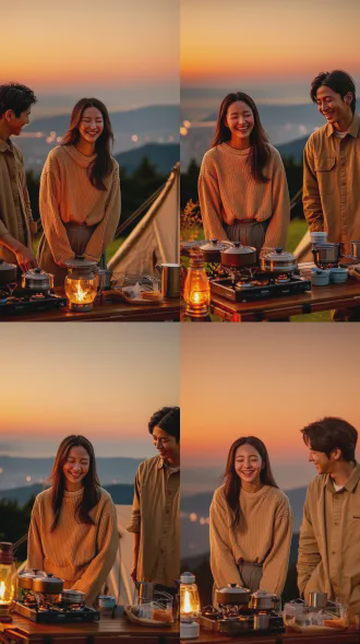 电影级户外摄影，日落后蓝调时刻（blue hour）刚开始。天空呈现迷人的橙色与深蓝色渐变。中国情侣在露营桌前煮饭，女士穿着米色毛衣笑着，男士穿着卡其色衬衫。桌上的卡式炉火光和隐约的营地灯照亮了两人幸福的脸庞，锅具散发着诱人的质感。远处的城市灯光变得更加明亮璀璨。整体画面色调温暖与冷峻交织，呈现出极高阶的露营美学和宁静感。