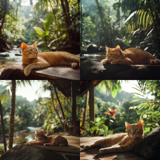 一只橘猫趴在热带雨林木屋平台上，周围是茂密的椰林和流淌的河流，前景是巨大的岩石。特写镜头，猫的表情慵懒好奇，探险家风格。超现实主义，丰富植被，阳光光束，35mm镜头，景深，午后光线，生动色彩，宁静而神秘的气息。