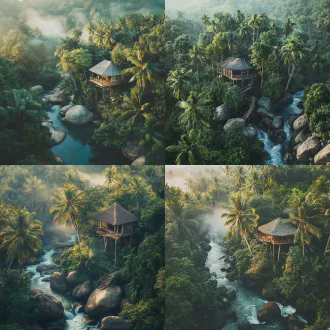 热带雨林椰子树环绕的树屋，一条蜿蜒河流穿过巨石，空中俯拍视角，郁郁葱葱的植被，柔和的晨雾，自然光，广角镜头，高细节摄影，超现实风格，宁静，生机勃勃，青翠与蓝绿色调。