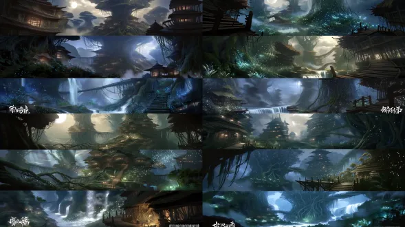 ethereal fantasy environment design, an ancient elven city inside colossal glowing trees, wooden platforms, vine bridges, luminous spores, silver moonlight, crystal-clear glowing stream, mist, bioluminescent plants, cinematic composition, high fantasy concept art, ultra-detailed