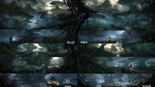 mystical fantasy swamp environment, giant bioluminescent mushrooms, winding wooden boardwalk, glowing blue-green spores, thick mist, dark water reflections, twisted roots, tiny lantern for scale, cinematic wide shot, eerie fairy-tale atmosphere, highly detailed concept art