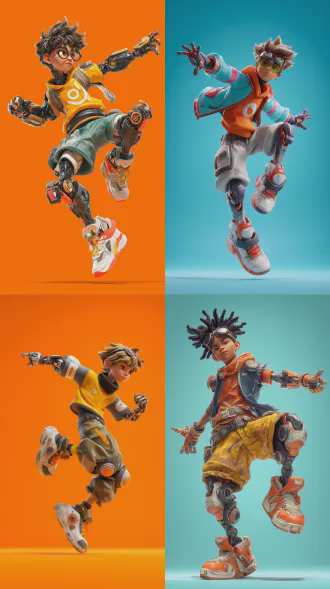 游戏角色设计，男孩全身夸张动作，部分机械化，概念数字艺术风格，卡通现实主义，生动配色方案，干净背景，3d渲染，未来感，动态姿势，高饱和度，柔和全局照明，金属质感，明亮色彩，科技与活力结合。