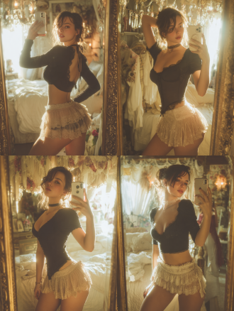 一个手拿iphone 对着全身镜自拍的高颜值亚洲女孩，身材丰满，短裙，可爱动作，全身展示，背景为卧室场景，写实风格，实拍摄影，人像摄影，高质量，好细节