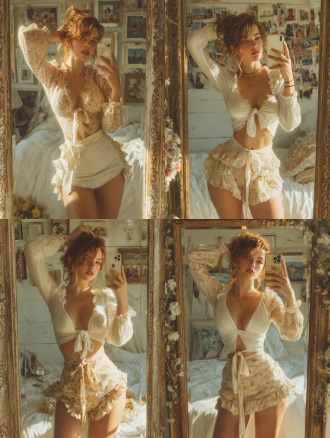 一个手拿iphone 对着全身镜自拍的高颜值亚洲女孩，身材丰满，短裙，可爱动作，全身展示，背景为卧室场景，写实风格，实拍摄影，人像摄影，高质量，好细节