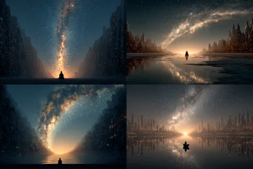 太阳系，地球位于中央，在太阳系周围，数不清的楼城拱卫在侧，在绚烂的星空背景下，有一人独自孤坐在虚空之中，写实画风，居中构图，4k