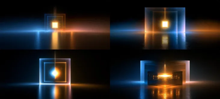 超写实3d 渲染，octane 渲染，科幻抽象几何商业海报，低角度正面居中构图。主体为明亮发光的电子芯片，芯片周边要有电路光路，电路散发的光源，芯片外部有两层透明立方体框架，顶部垂落纤细光带，环境带粒子微光，整体都要保持通透感。主色冰透青蓝色，辅助色暖橙、淡粉、浅紫，背景深邃纯黑，冷暖撞色，冷色调为主。高反光镜面地面，镜面反射光影，柔焦辉光，景深效果，电影级布光，8k 超高细节，静谧充满能量的赛博数字空间，无多余杂物。