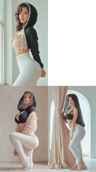 full body image of posing extremely thick curvy beautiful woman with black hoodwearing a black and laced white 紧身瑜伽裤.