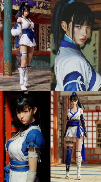 侍魂，一个20岁年轻女性，皮肤白皙，身型瘦小，黑色长发齐刘海，高马尾，身穿白蓝色武士服，正面站立在道馆中，游戏场景图,