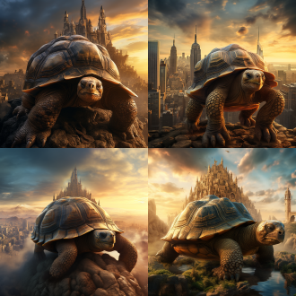 巨大的乌龟驮着城市，奇幻风格，远景构图，龟背上的城堡与高楼林立，薄雾缭绕，夕阳暖光，广角镜头，超现实，细腻纹理，金色与蓝色对比，慢速快门，流动云彩，神秘感，宁静与雄伟共存