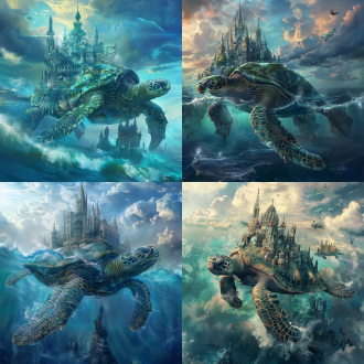 巨大海龟驮着城市遨游海面，龟背建筑群精致繁复，哥特式尖塔与水晶穹顶错落，海浪翻腾泡沫飞溅，仰视广角镜头，奇幻风格，蓝绿主色调，晨光穿透云层，丁达尔效应，动态模糊，3d渲染，史诗感，神秘震撼