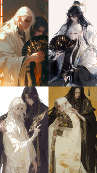 双男，一个男人白色长发，穿着白色长衫；一个男人黑色长发，穿着黑色长衫，手里拿着黑金色折扇。白色头发男人靠在黑色头发男人怀里。