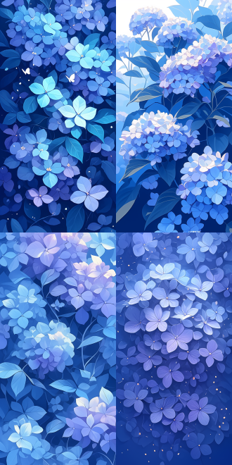 "矢量风格的绣球花，扁平化设计，鲜艳色彩，几何形状，简洁背景，高饱和度，光滑质感，对称构图，柔和光线，无阴影，现代插画风格，蓝紫色调，花瓣层次分明，抽象艺术感。"