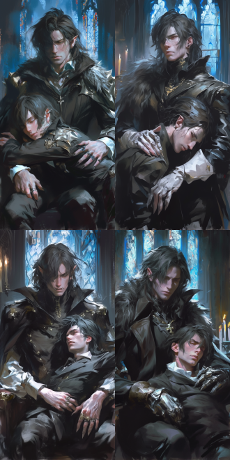 夜晚城堡大厅，兽人魁梧肌肉发达，半狼半人特征明显，怀中抱着苍白病弱黑发男子，男子闭眼虚弱倚靠，哥特式建筑，高耸石柱，烛光摇曳，暗色调，伦勃朗光，中景镜头，油画质感，深沉压抑，对比强烈，精美装饰细节，冷色与暖色交织，情感复杂，保护与脆弱共存