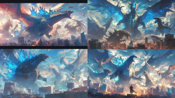 巨型怪兽围攻城市，哥斯拉怒吼，基多拉三头咆哮，拉顿盘旋空中，穆托蓄势待发，毁灭性战斗场景，末日氛围，摩天大楼倒塌，火光浓烟，雷电交加，低角度广角镜头，动态模糊，高对比度暗色调，冷蓝色与橙红色碰撞，压迫感，恐惧与绝望，史诗级怪兽大战，电影级特效，超高清细节，震撼人心