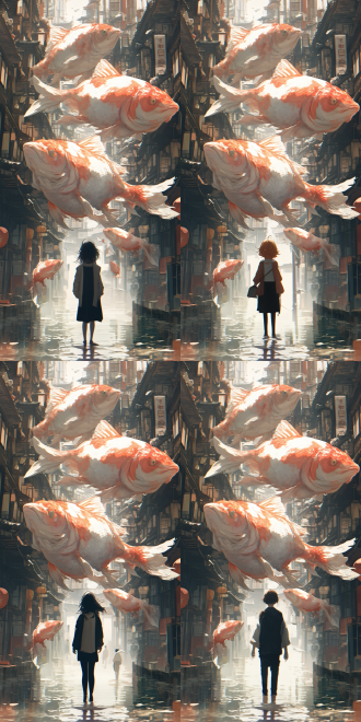 "中式梦核，阴天小巷，巨大金鱼游动，超现实主义，压抑风格，低饱和绿色调，湿漉漉石板路，雾气弥漫，广角镜头，柔光散射，慢门拍摄，鱼鳞反光，朦胧氛围，忧郁情绪，对称构图，暗部细节丰富，水墨质感，静谧诡异"