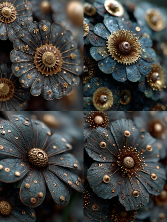 4k蒸汽朋克风格金属花丛，十几朵由铁片和螺钉构成的花朵，古铜色调，正面场景，精细机械纹理，对称构图，暗黑工业风，微距镜头，硬光照射，高光细节，冷色调背景，金属反光，复古滤镜，未来感，神秘氛围