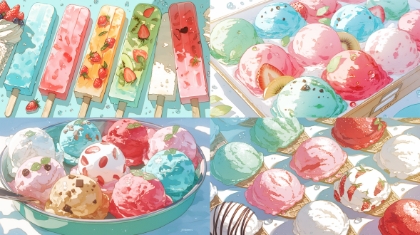 4k高清冰淇淋特写，俯视角度，丰富色彩渐变，奶油质感细腻，背景虚化柔焦，浅景深，自然光，反光板补光，冷色调，水果和巧克力装饰，水滴凝结，诱人光泽，愉悦情绪，高饱和度，美食摄影，微距镜头，工作室布景，细节丰富。