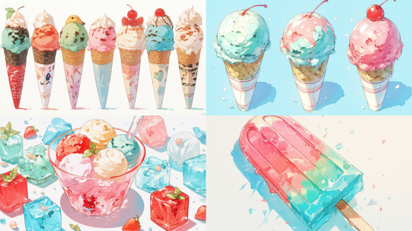4k冰淇淋素材，平面设计，纯白背景，简约风格，高清细节，柔和光线，无阴影，俯视角度，鲜艳色彩，奶油质感，几何构图，甜美氛围，干净利落，商业用途，方便抠图，冷色调，高饱和度，光滑表面，立体感。