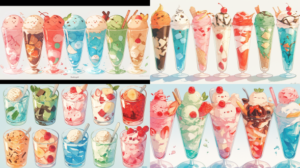 4k高清冰淇淋素材，八只透明高脚杯整齐排列，纯白背景，极简平面设计，巧克力双球浓郁棕调，薄荷双球清新绿调，树莓双球亮红调，抹茶双球淡雅绿调，香蕉双球明黄调，香草双球乳白调，顶光均匀照明，零阴影，高反射玻璃质感，俯视视角，产品摄影，商业级抠图素材，精确对焦