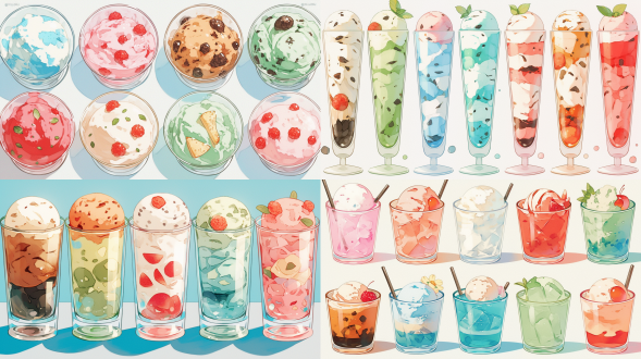 4k高清冰淇淋素材，八只透明高脚杯整齐排列间距均匀，纯白背景，极简主义，俯视视角，巧克力双球浓郁棕调，薄荷双球清新绿调，树莓双球亮红调，抹茶双球淡雅绿调，香蕉双球明黄调，香草双球乳白调，顶光均匀照明，零阴影，高反射玻璃质感，精确对焦，商业级抠图素材，平面设计，高饱和度色彩，干净简洁，产品摄影