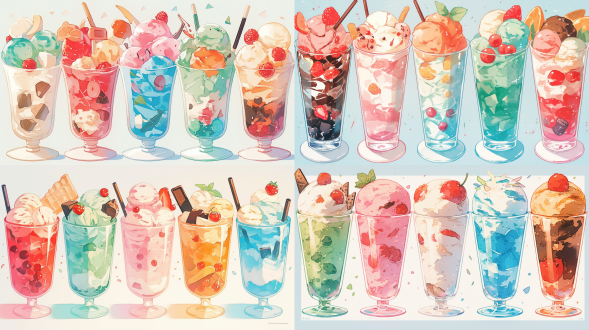 4k高清冰淇淋素材，八只透明高脚杯整齐排列，纯白背景，极简平面设计，巧克力双球浓郁棕调，薄荷双球清新绿调，树莓双球亮红调，抹茶双球淡雅绿调，香蕉双球明黄调，香草双球乳白调，顶光均匀照明，零阴影，高反射玻璃质感，俯视视角，产品摄影，商业级抠图素材，精确对焦