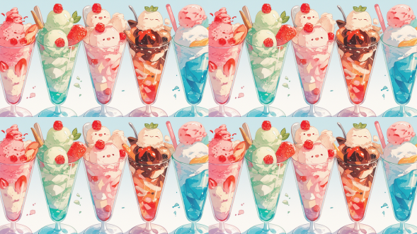 4k高清冰淇淋素材，八只透明高脚杯整齐排列，纯白背景，极简平面设计，巧克力双球浓郁棕调，薄荷双球清新绿调，树莓双球亮红调，抹茶双球淡雅绿调，香蕉双球明黄调，香草双球乳白调，顶光均匀照明，零阴影，高反射玻璃质感，俯视视角，产品摄影，商业级抠图素材，精确对焦