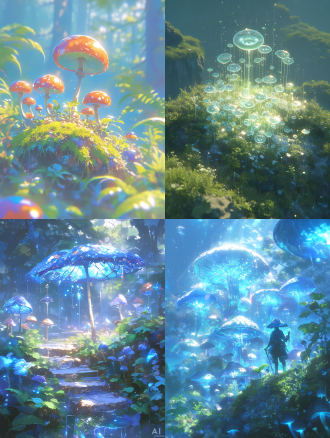 4k神奇的森林精灵世界，正视视角，空镜头，无人物，广角镜头，超高清细节，梦幻光影，柔和散射光，晶莹露珠，荧光蘑菇，漂浮光点，晨雾弥漫，浅景深，蓝绿主色调，神秘氛围，静谧感，自然纹理，微距植物，魔法光芒，童话风格