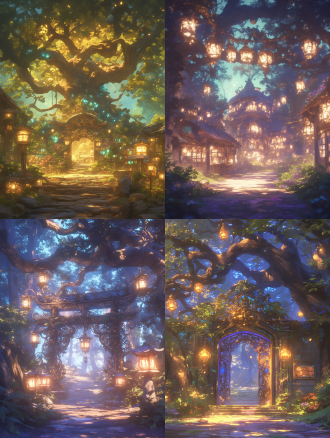 4k清晰度，夜晚魔幻森林，树枝挂满华丽提灯，橙色光芒照亮小路，安静神秘美丽，正视视角，空镜头，高细节，暖色调，广角镜头，柔和散射光，低角度，长曝光，魔法氛围，宁静感，深邃阴影，金色光斑，超现实风格，梦幻质感