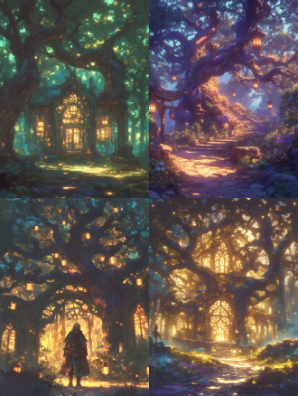 4k清晰度，夜晚魔幻森林，树枝挂满华丽提灯，橙色光芒照亮小路，静谧神秘，正视视角，空镜头，广角镜头，低角度拍摄，温暖色调，柔光漫射，高动态范围，细腻纹理，童话氛围，梦幻光影，树影婆娑，宁静祥和，细节丰富，微光闪烁