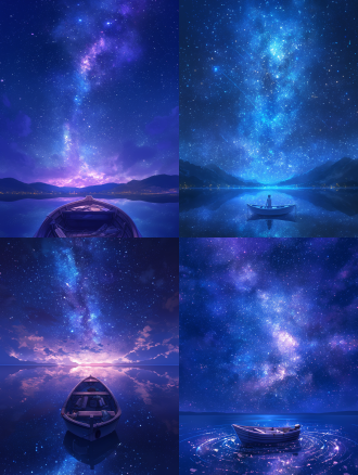 "醉后不知天在水，满船清梦压星河，正视视角，空镜头，静谧湖面，星空倒影，蓝紫渐变色调，浅景深，长曝光，柔焦效果，微光环境，极简构图，冷色调，虚幻感，宁静氛围。"