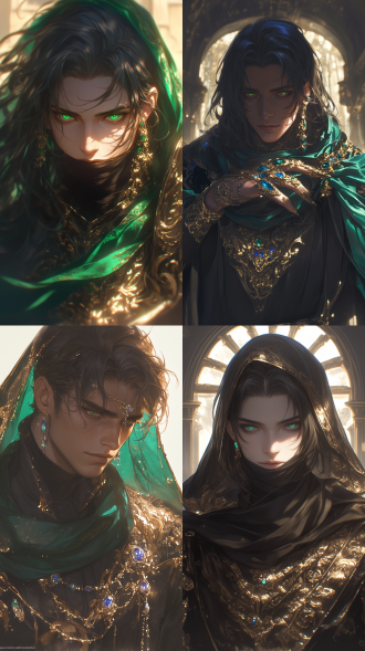黑皮肤美男子，翠绿色竖瞳，长黑发，华丽宝石服饰，飘逸头纱，全身婀娜姿态，宫廷背景，柔焦效果，侧逆光，丝绸质感，高饱和度，神秘氛围，优雅曲线，珠宝细节，暗调奢华，精致五官，柔美阴影，巴洛克风格，深邃眼神，高贵气质