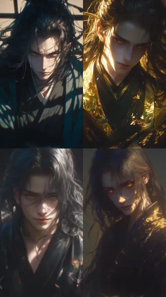 黑发美男子金色竖瞳，苍白病态面容，长黑发飘动，丝绸长袍轻盈垂坠，柔焦效果，暗色背景，侧逆光勾勒轮廓，高饱和度色彩，神秘阴郁氛围，低角度拍摄，浅景深，戏剧性光影，优雅婀娜姿态，古典油画质感