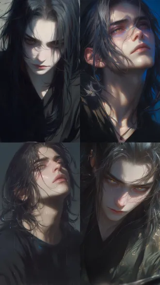 黑发美男子，金色竖瞳，长黑发，病态苍白，现代服饰宽松飘逸，柔焦效果，侧逆光，高饱和度冷色调，忧郁眼神，婀娜身姿，暗调背景，电影质感，特写镜头，朦胧光晕，细腻皮肤，戏剧性光影，低角度拍摄，氛围感